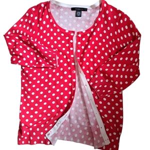 89th & Madison Red White POLKA DOT Button Front Cardigan coastal Lightweight LG